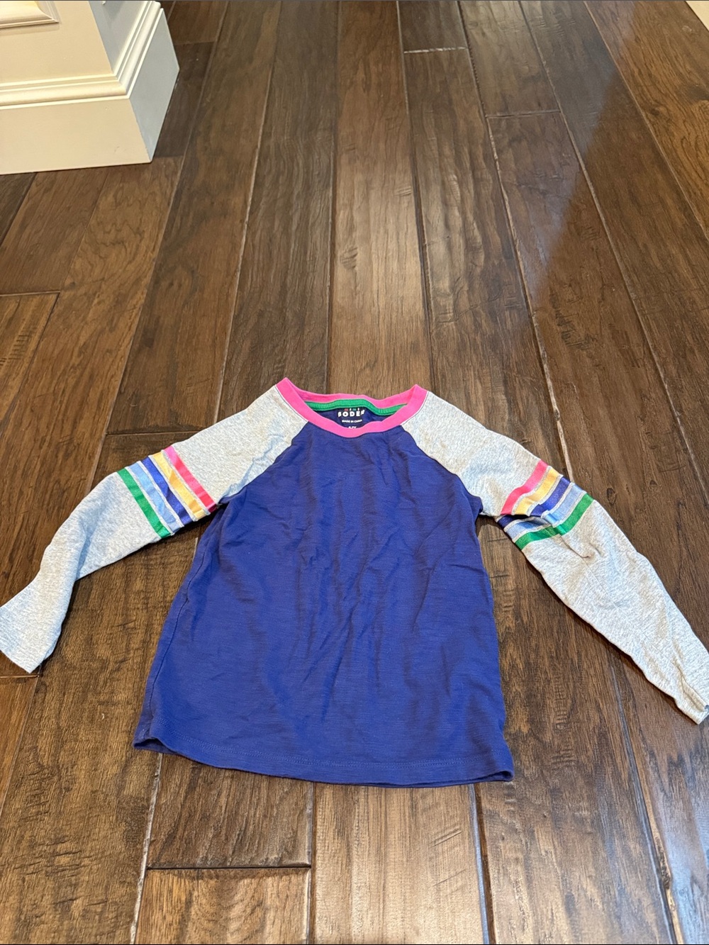 Mini Boden Navy Blue Raglan Tee with Rainbow Stripe Sleeves